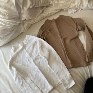 Ribbed Long Sleeve Tops in White and Brown